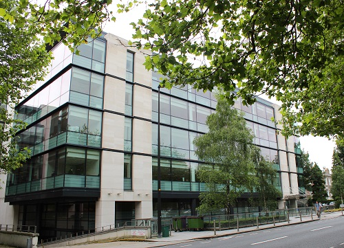 An image of the Mespil Road head office building taken from the other side of the road.