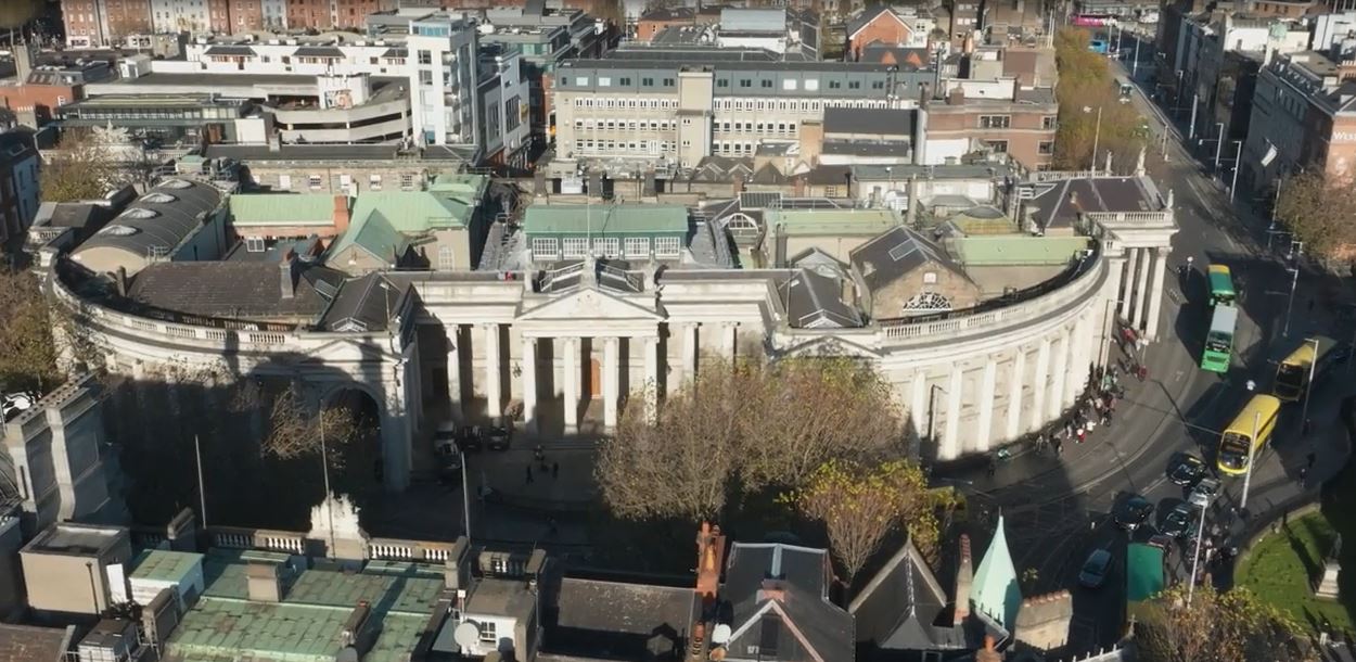 An image of the Bank of Ireland College Green building from a high vantage point.