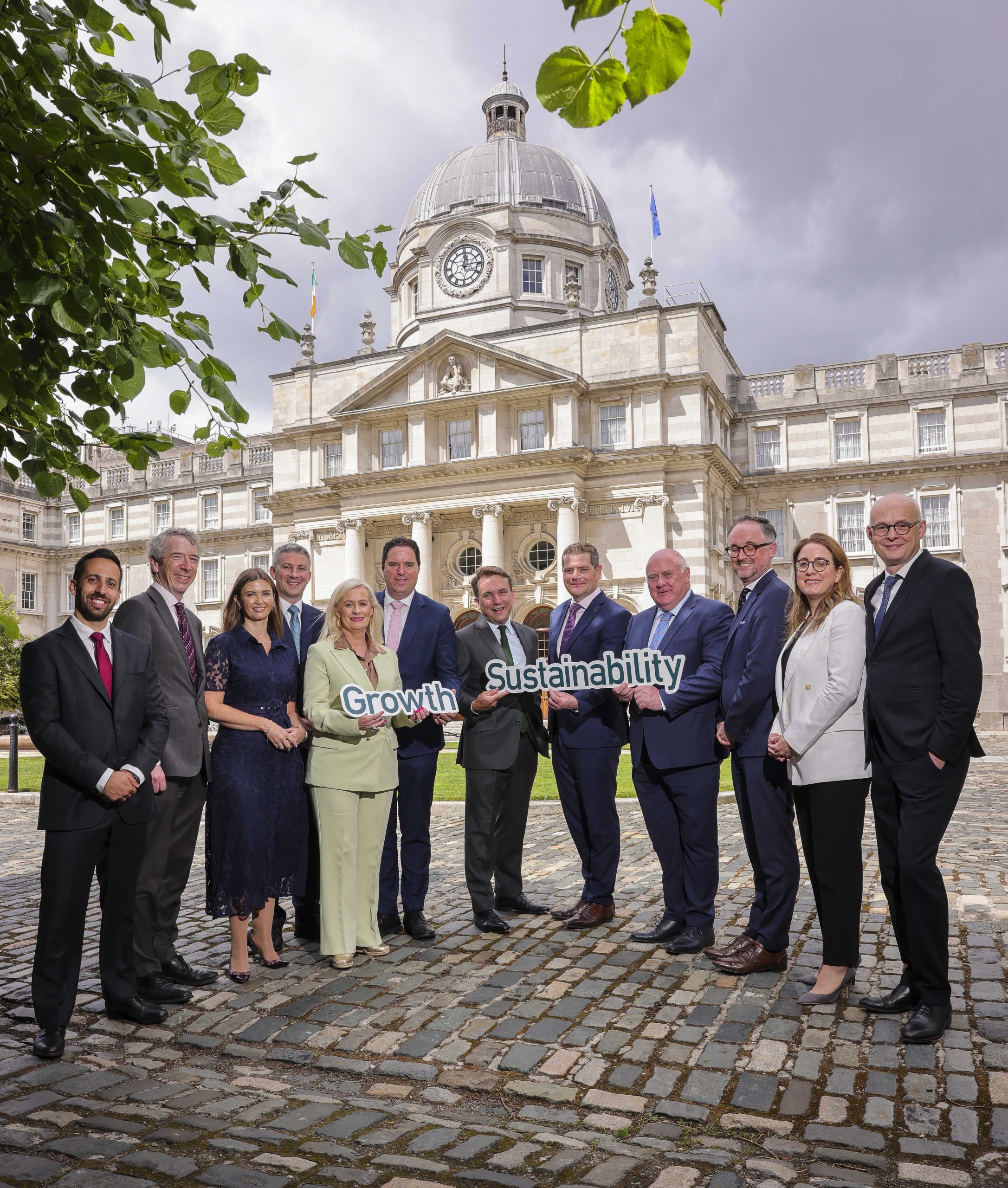 From left to right: Ricardo Frazão (EIF Structured Finance Manager Portfolio Guarantees), Oliver Gilvarry (Department of Finance Assistant Secretary General with responsibility for Banking), Lorraine Green (SBCI Product Manager), Colin Moran (SBCI CEO), Niamh Smyth (Minister of State for Trade Promotion, Artificial Intelligence and Digital Transformation), Martin Heydon (Minister for Agriculture, Food and the Marine), John Feeney, (CEO, Corporate & Commercial Banking, Bank of Ireland), Peter Burke (Minister for Enterprise, Tourism and Employment), Noel Grealish (Minister of State for Food Promotion, New Markets, Research and Development), Diarmaid Kehoe (Head of the EIB Group Office Ireland), Maeve Cotter (SBCI Senior Manager Sustainability Lending), and Vincent Van Steensel (EIF Head of Mandate Origination & Relationship Management).
