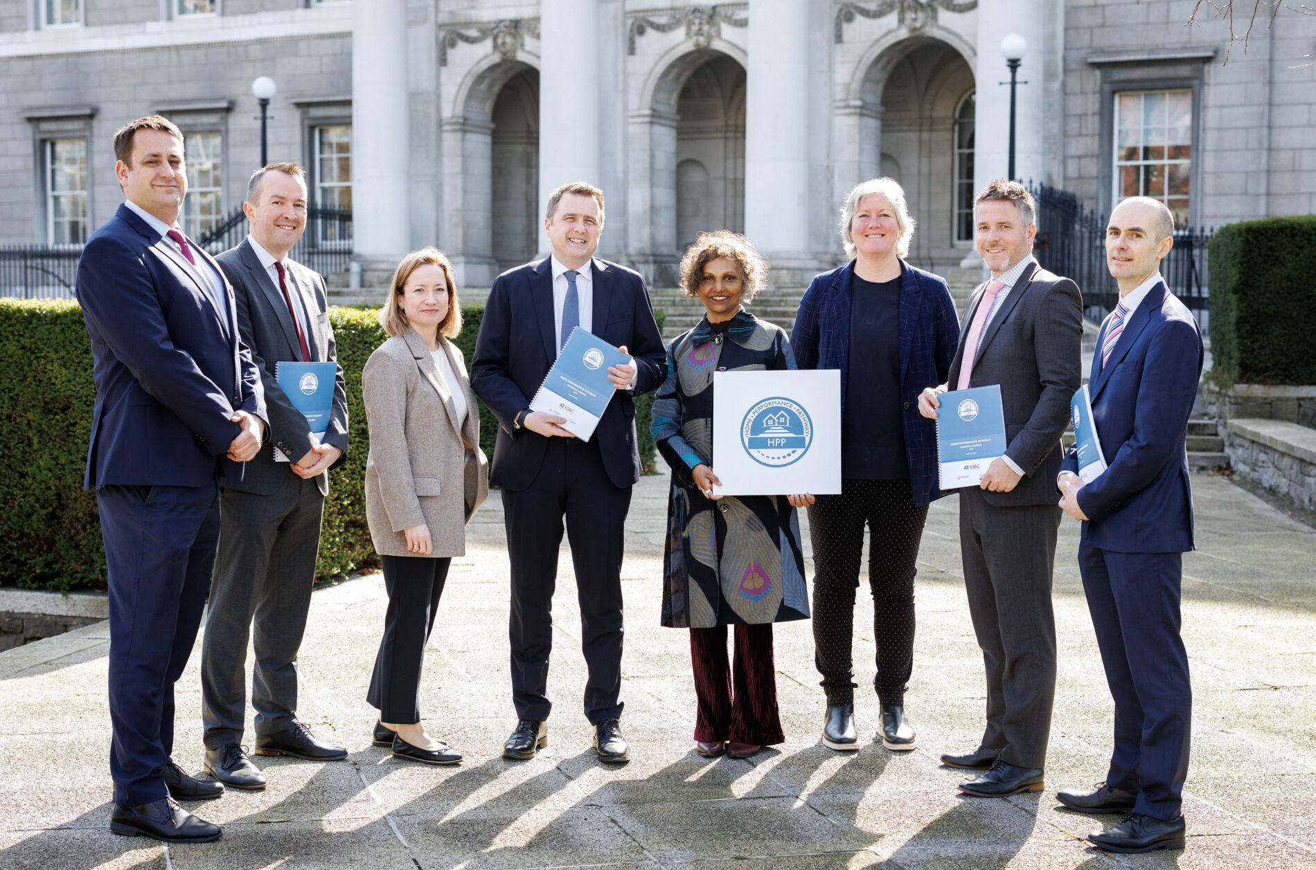 Minister James Browne with industry leaders outside the Custom House at the Home Performance Pathway launch.