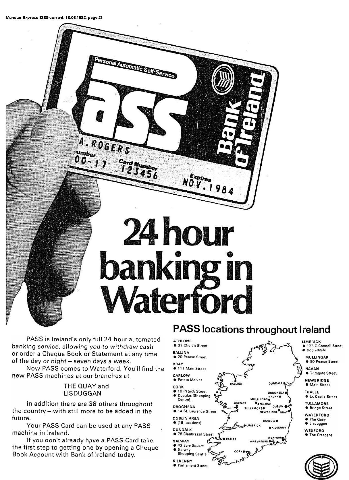 A 1982 newspaper advertisement of the new PASS ATM card for banking customers in Waterford.