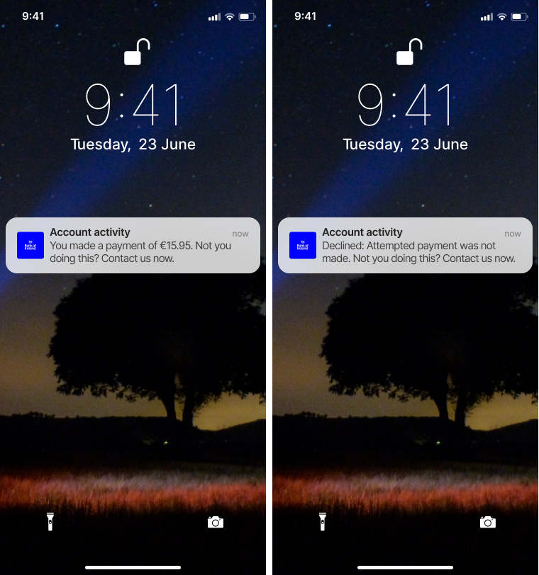 Examples of the Payment Spend Alert push notifications. One shows a successful payment, and the other shows a declined payment.