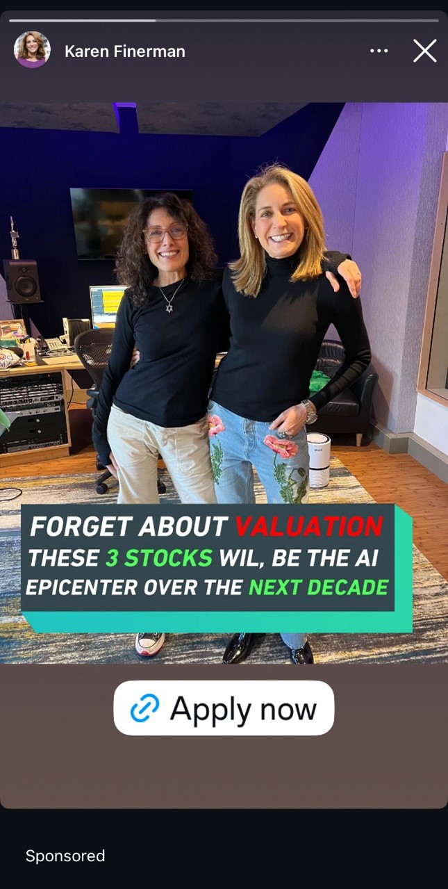 An example of an Instagram stories scam with an 'Apply now' link