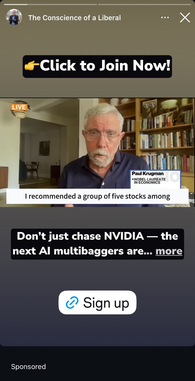 An example of an Instagram stories scam with a 'Sign up' link