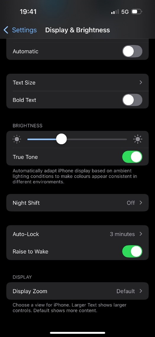 Image of Display & Brightness settings in iOS