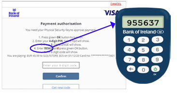 Payment authorisation screen highlighting the text; 'Enter 955637 and press green OK button'.