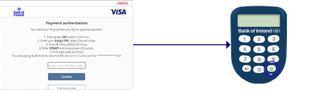 Payment authorisation screen providing the instructions to approve the payment with a physical security key and an image of a physical security key with the green button highlighted.