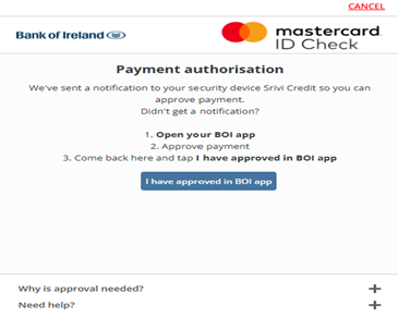 Mastercard payment authorisation screen with instructions to 'Open your BOI app', 'Approve payment' and 'Come back here and tap I have approved in BOI app'.
