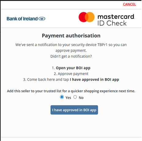 Mastercard payment authorisation screen with the option to 'Add this seller to your trusted list for a quicker shopping experience next time.'