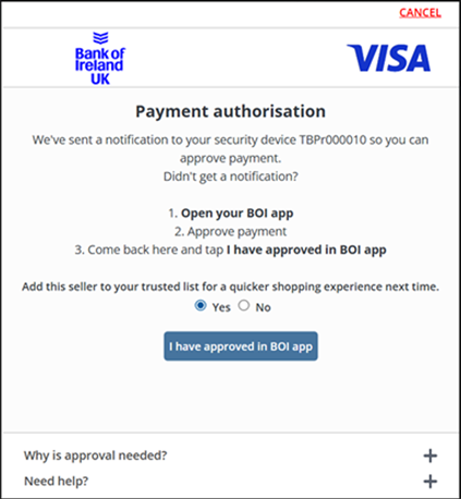 VISA payment authorisation screen with the option to 'Add this seller to your trusted list for a quicker shopping experience next time.'