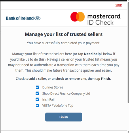 Manage your list of trusted sellers screen with the text 'Check to add a seller, or uncheck to remove one, then tap finish'.