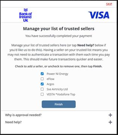 Manage your list of trusted sellers screen with the text 'Check to add a seller, or uncheck to remove one, then tap finish'.